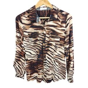 Calvin Klein Brown Tiger Print Button-Up Blouse